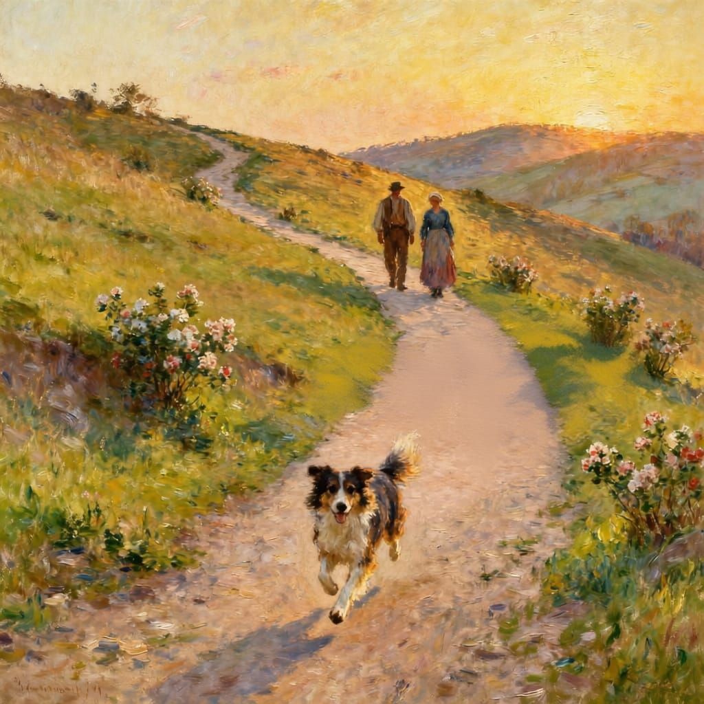 Monet Style Oil Painting of Evening Rural Landscape