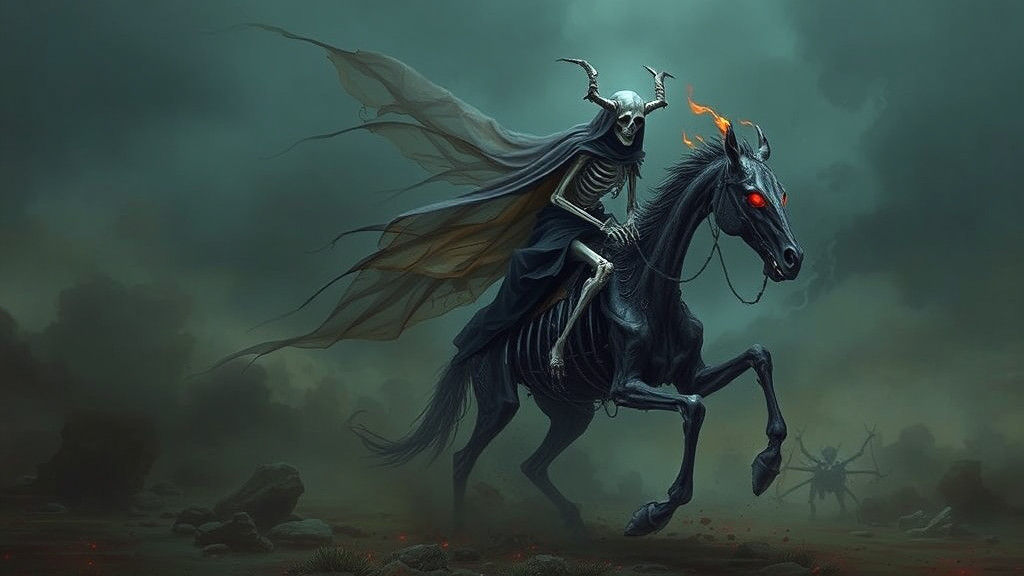 Skeleton Wraith Rides Bone Horse in Dark Fantasy Art