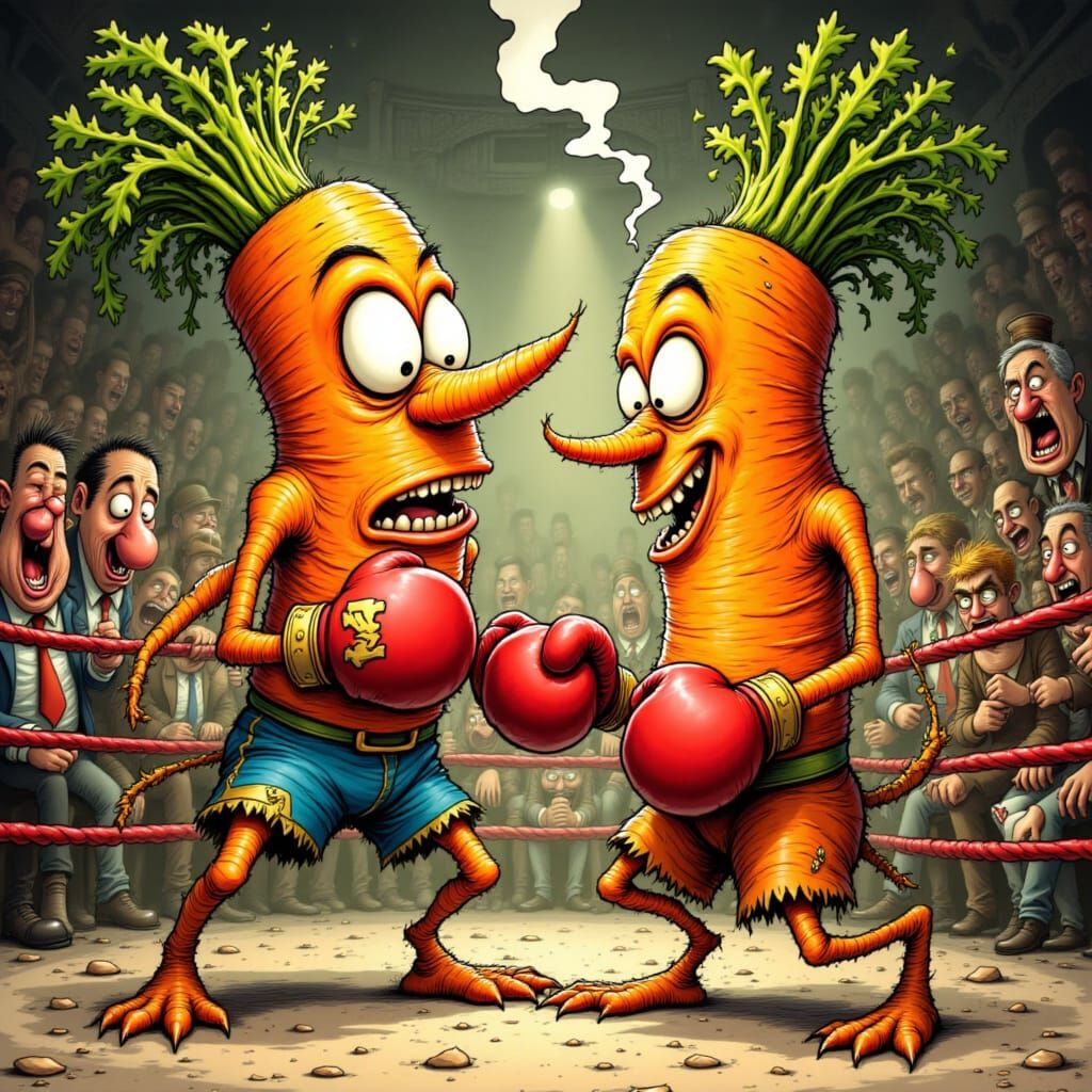 Anthropomorphic Carrots in a Comedic Boxing Match