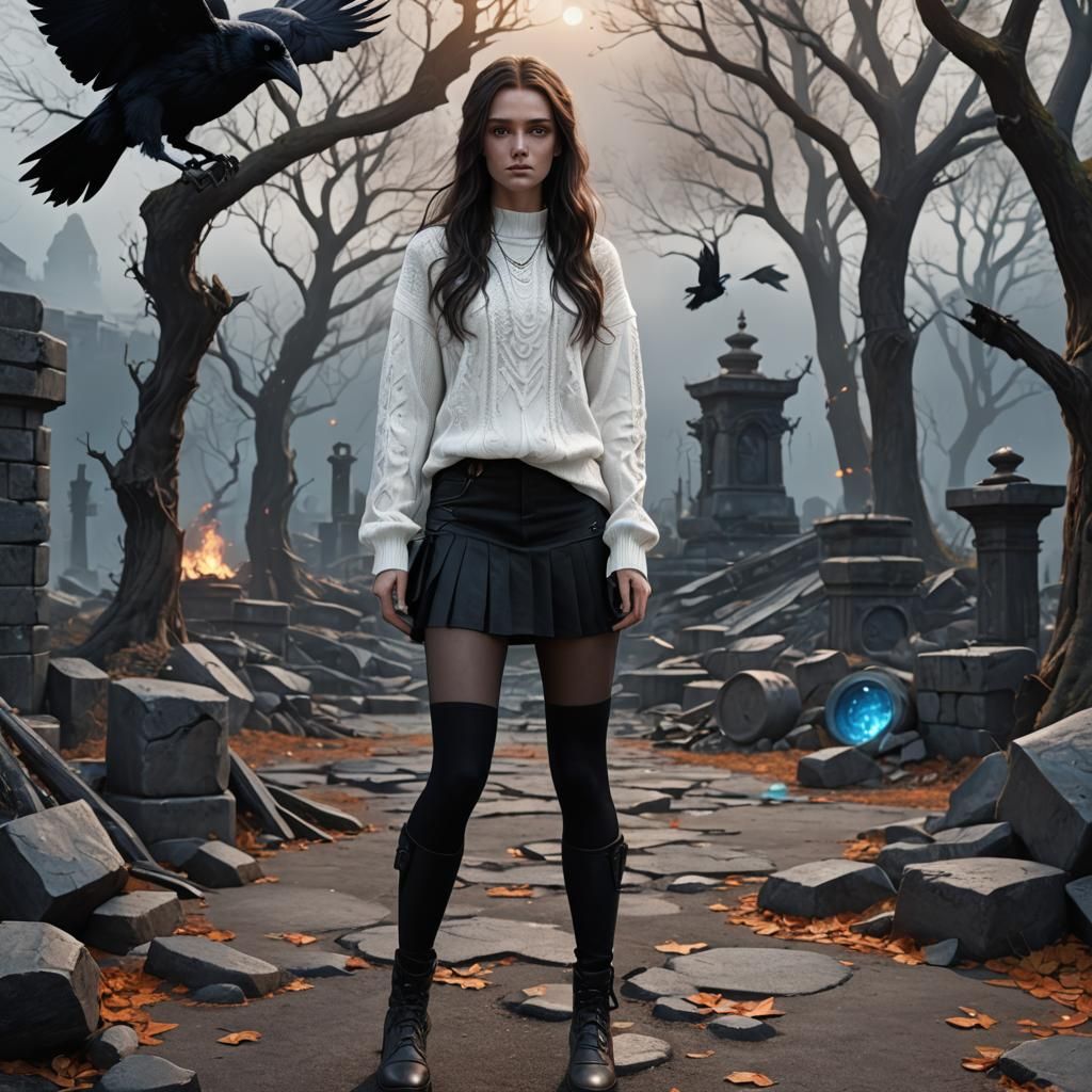 Raven-Haired Teen in Hellish Landscape, Detailed Matte Paint...
