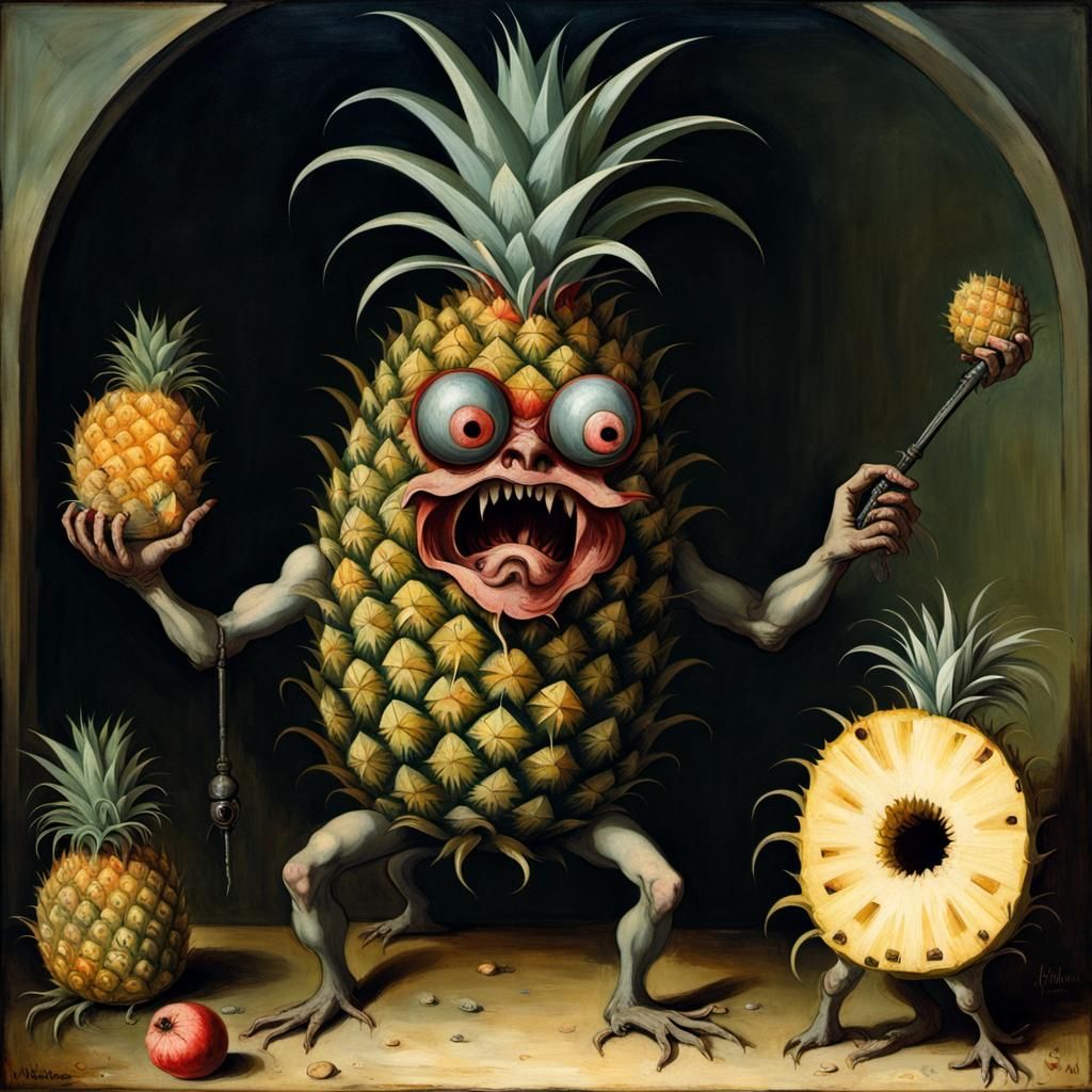 Sinister Pineapple Monster Devouring Dwarfs in Bosch Style