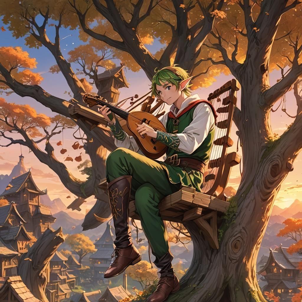 Elf Plays Lyre in Treehouse: Anime Style