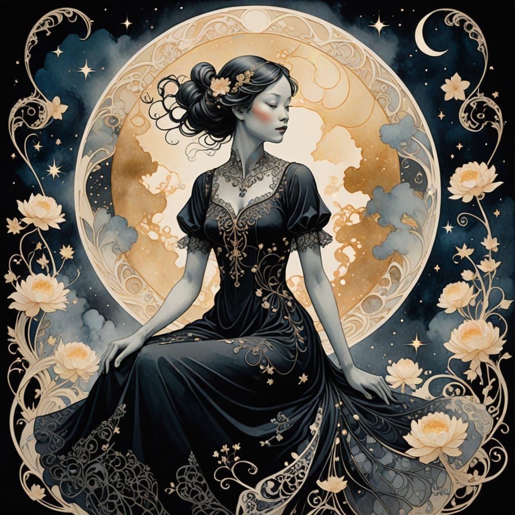 Whimsical Moonlit Goddess in Silhouette Art