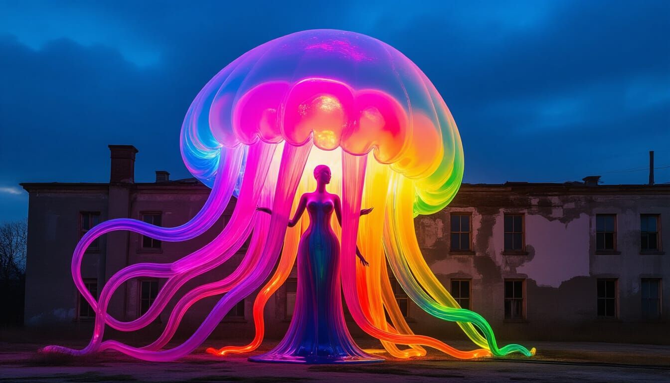 Fluorescent Jellyfish Goddess Illuminates Decaying City
