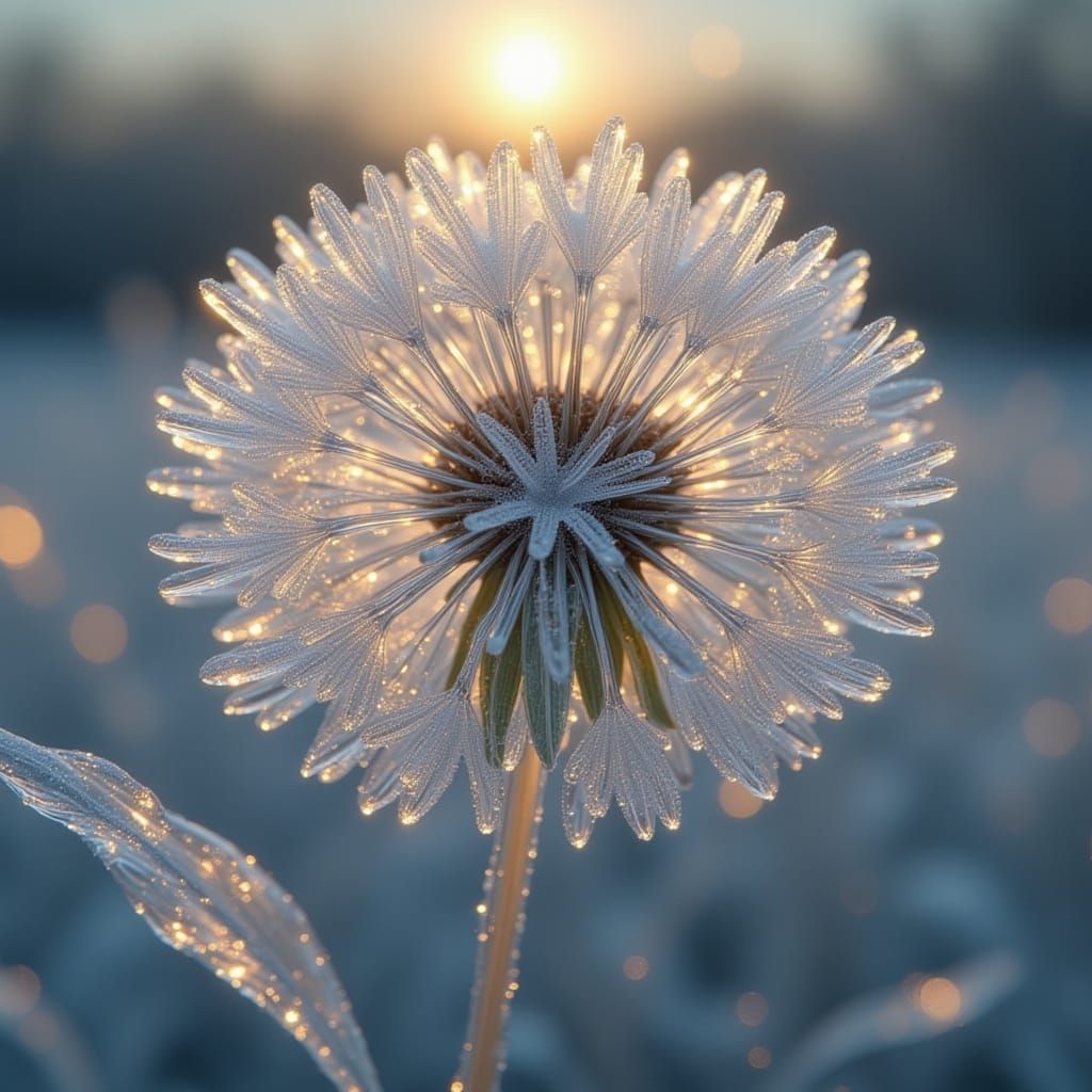 Frozen Dandelion Covered in Frosty Snowflakes