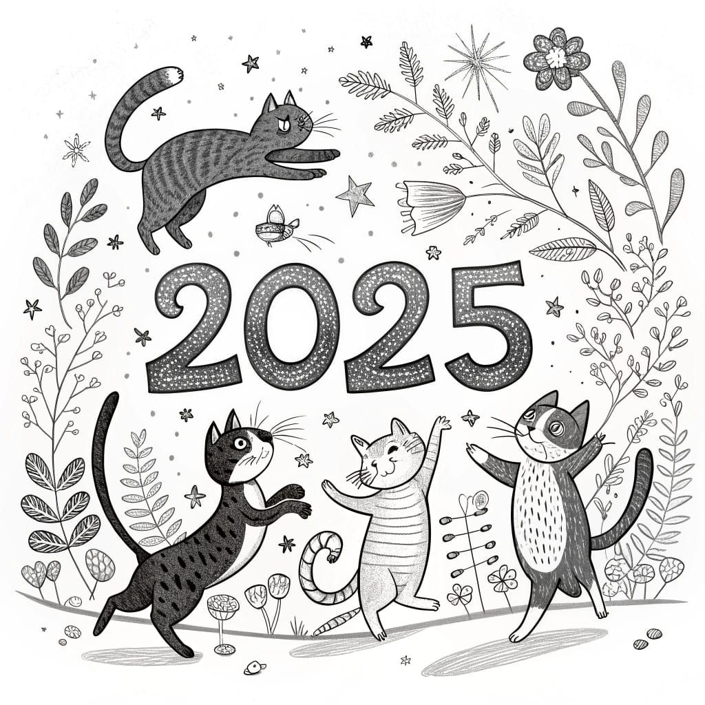 Cats Celebrate New Year 2025 in Whimsical Black and White Ar...