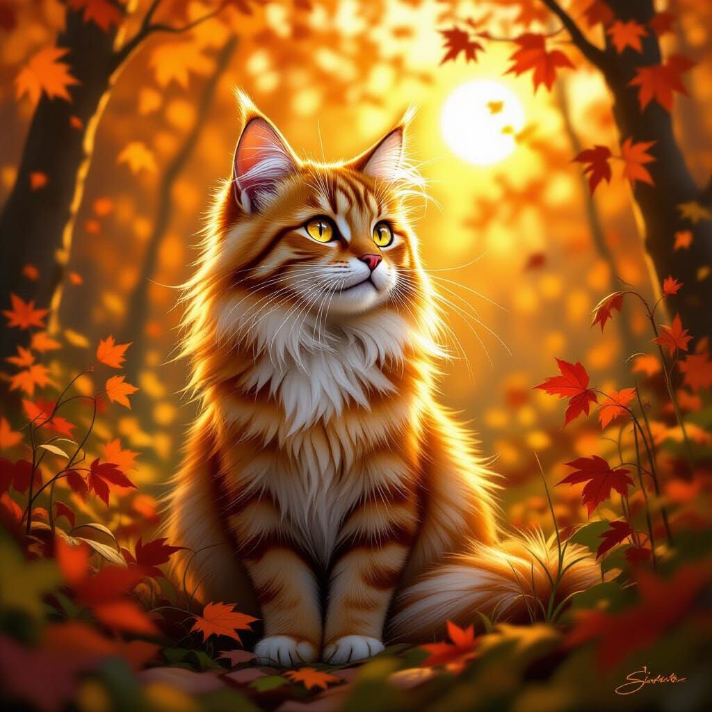 Orange Jungle Cat in Autumn Forest with Glittering Eyes