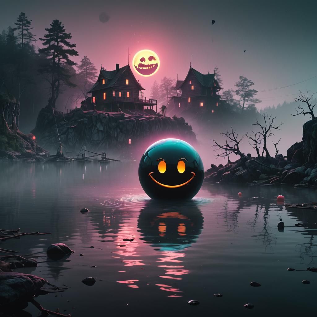 Eerie Neon Smiley Face Haunts Misty Island