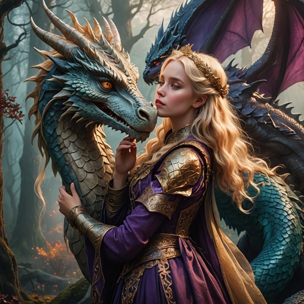 Maiden Kisses Dragon in Misty Twilight Fantasy Art
