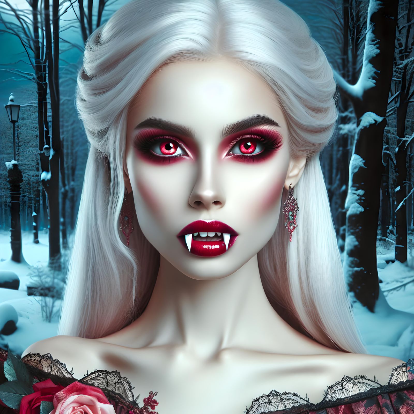 Vampire Woman in Snowy Forest: Airbrushed Oil Painting
