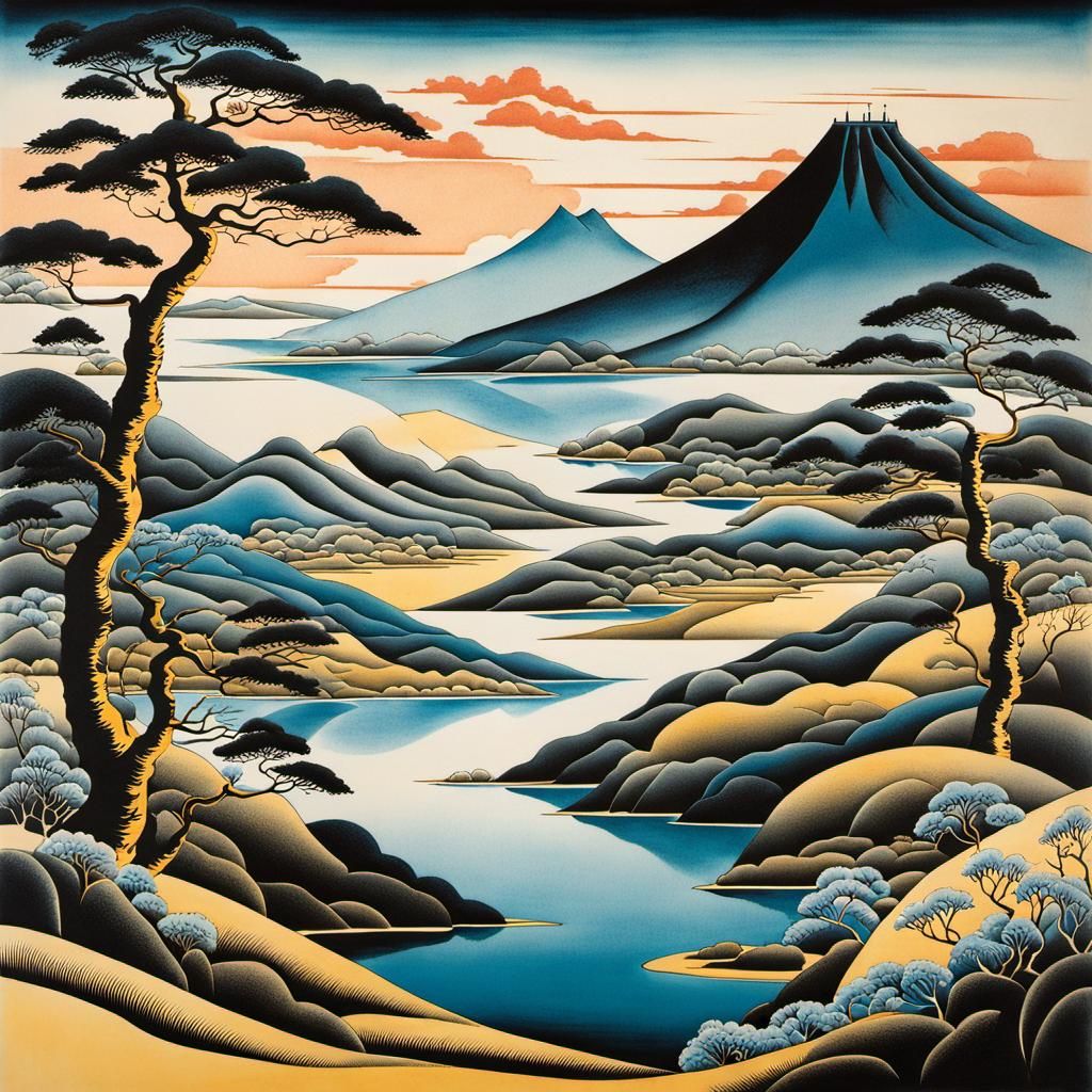 Surrealist Japanese Ink Landscape Inspired by Cubism