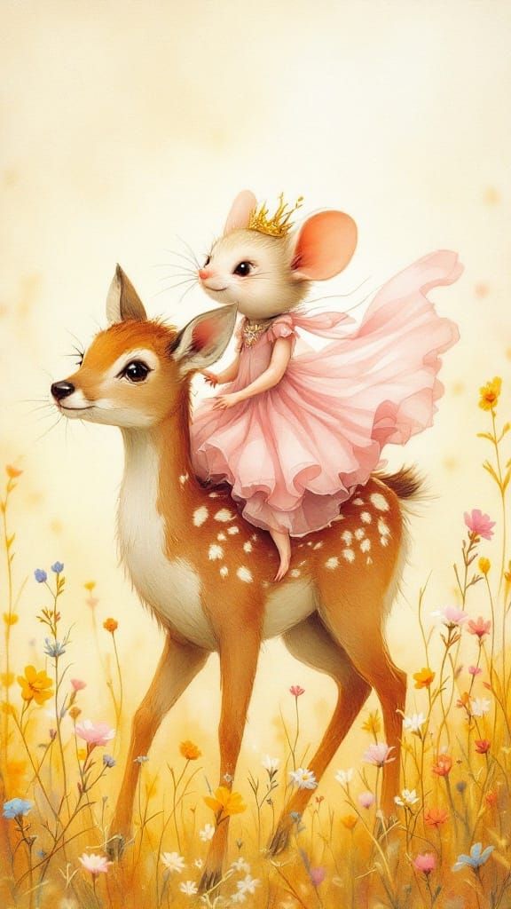 Whimsical Mouse on Fawn in Sunny Meadow