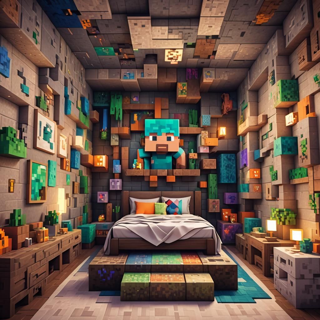 Minecraft Bed with Person in Blocky Bedroom