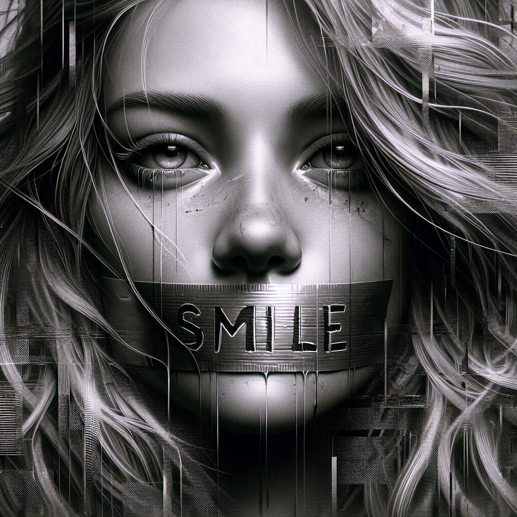Distraught Woman's Glitchcore Portrait: 'Smile' in Fantasy