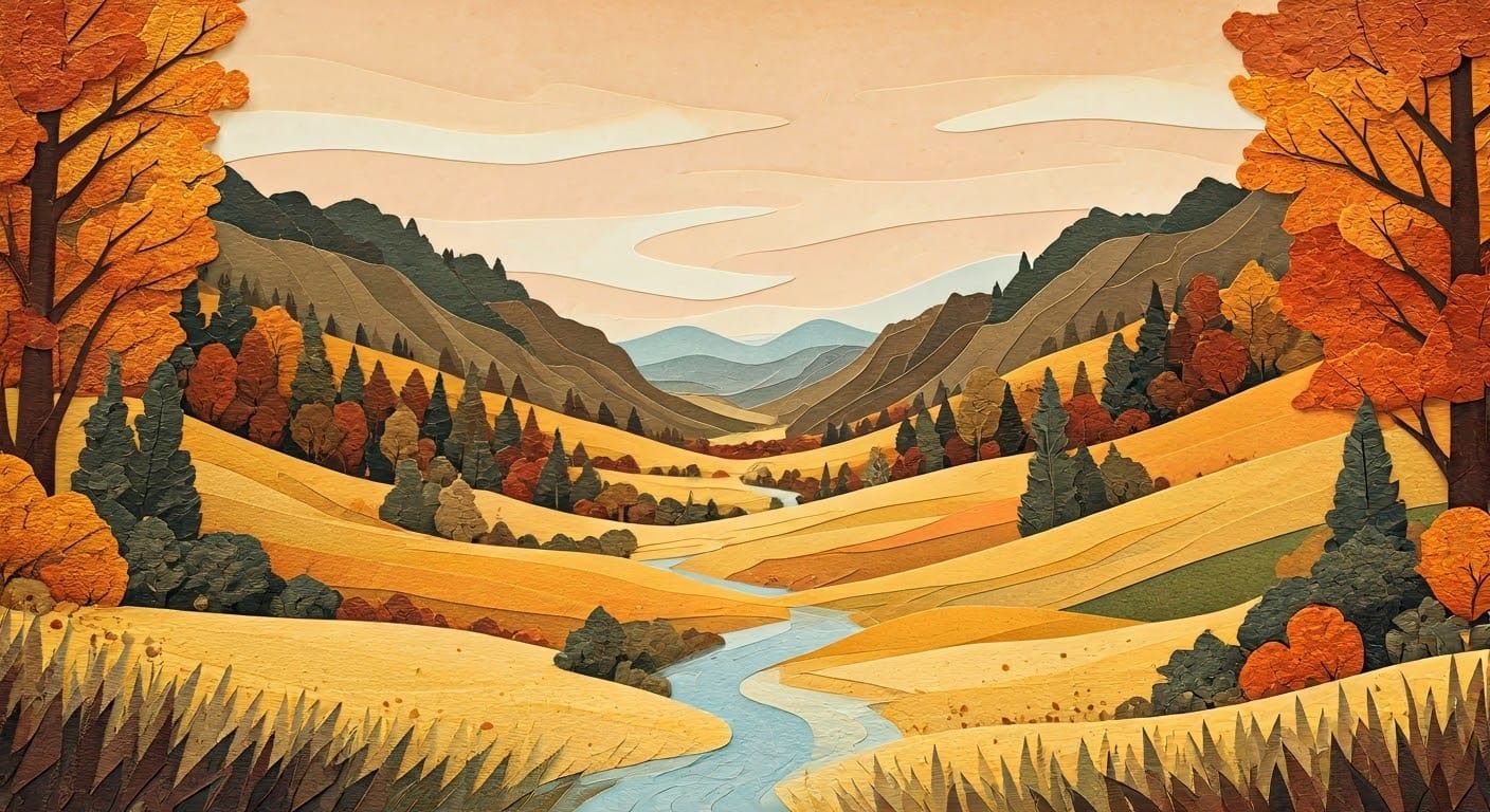 Autumnal Valley in Paper Collage Style