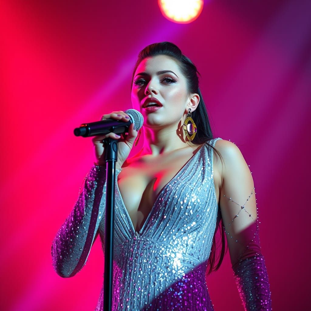 Singer Performing Under Futuristic Stage Lights