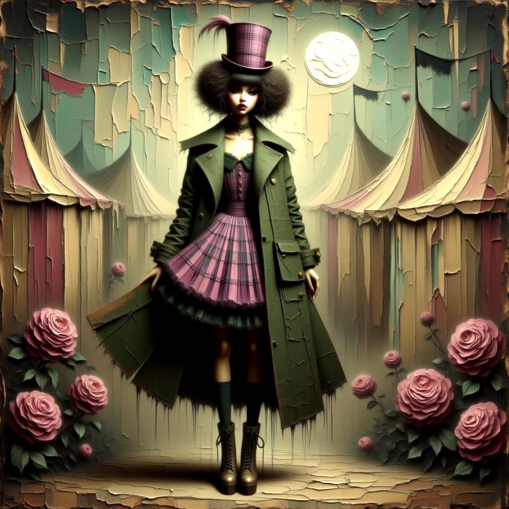 Gothic Woman in Circus Noir, Oil Painting Style