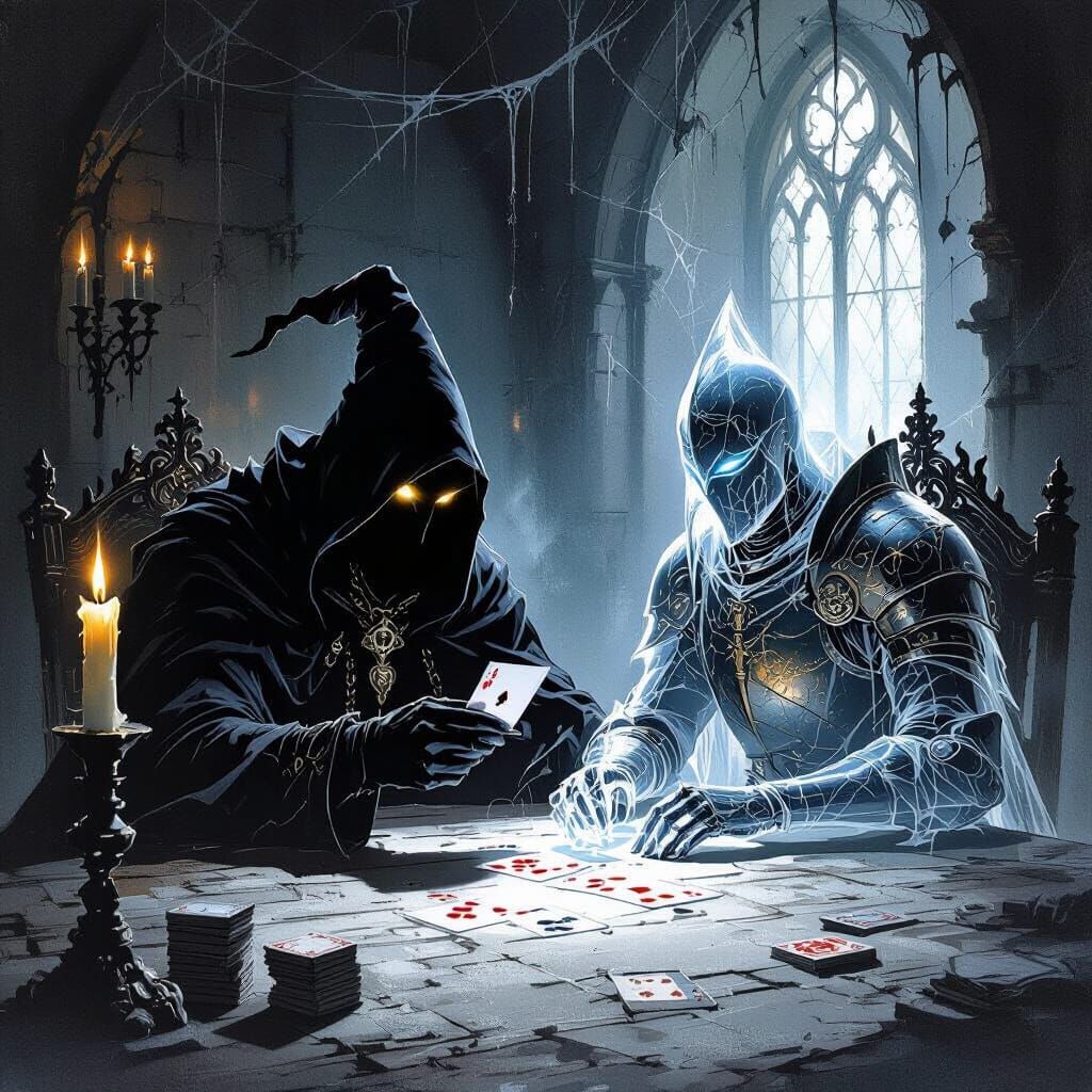 Sorcerer and Ghostly Knight Play Cards in Haunted Castle