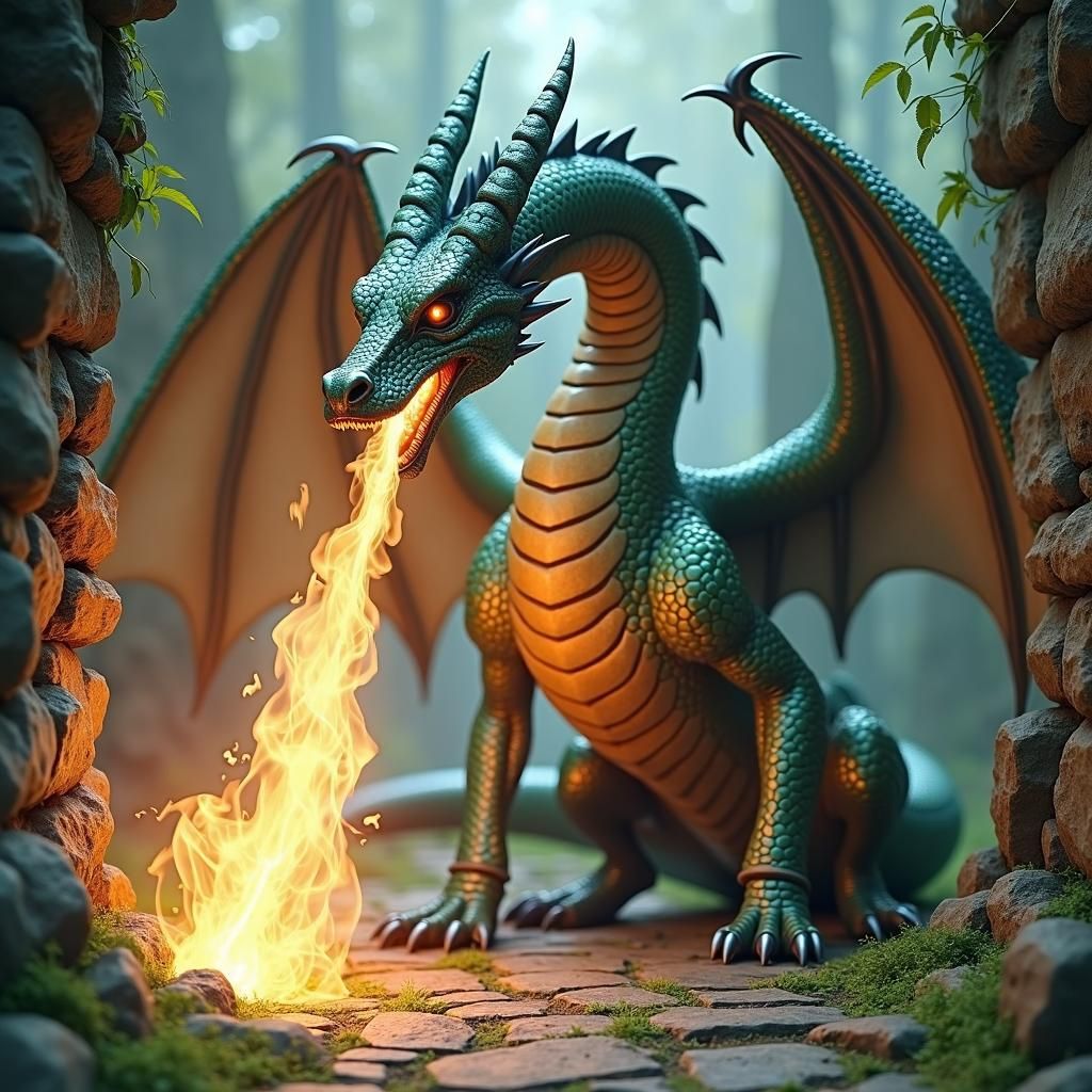 Medieval Dragon in Ruined Castle: Ancient Painting Style