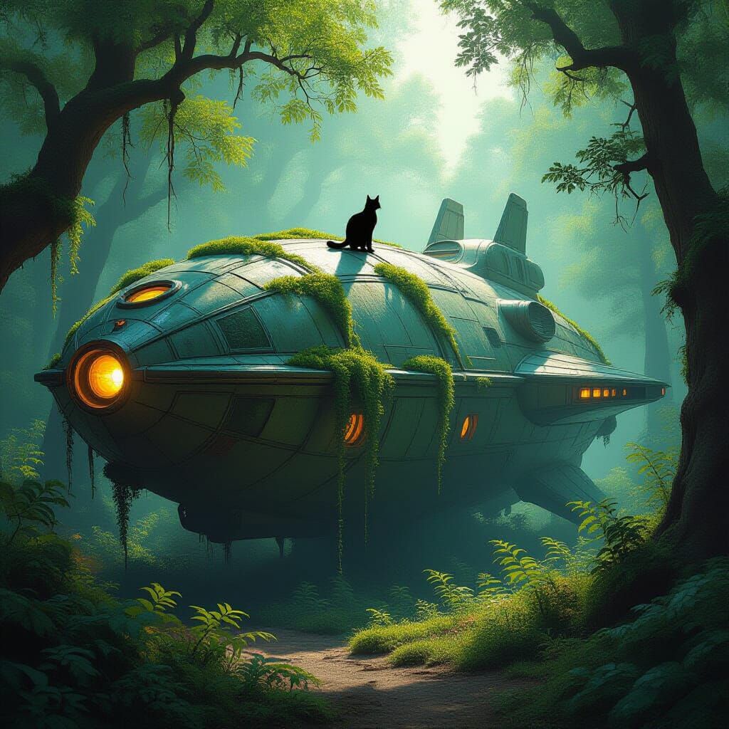 Ancient Spaceship in Enchanted Forest with Glowing Vines