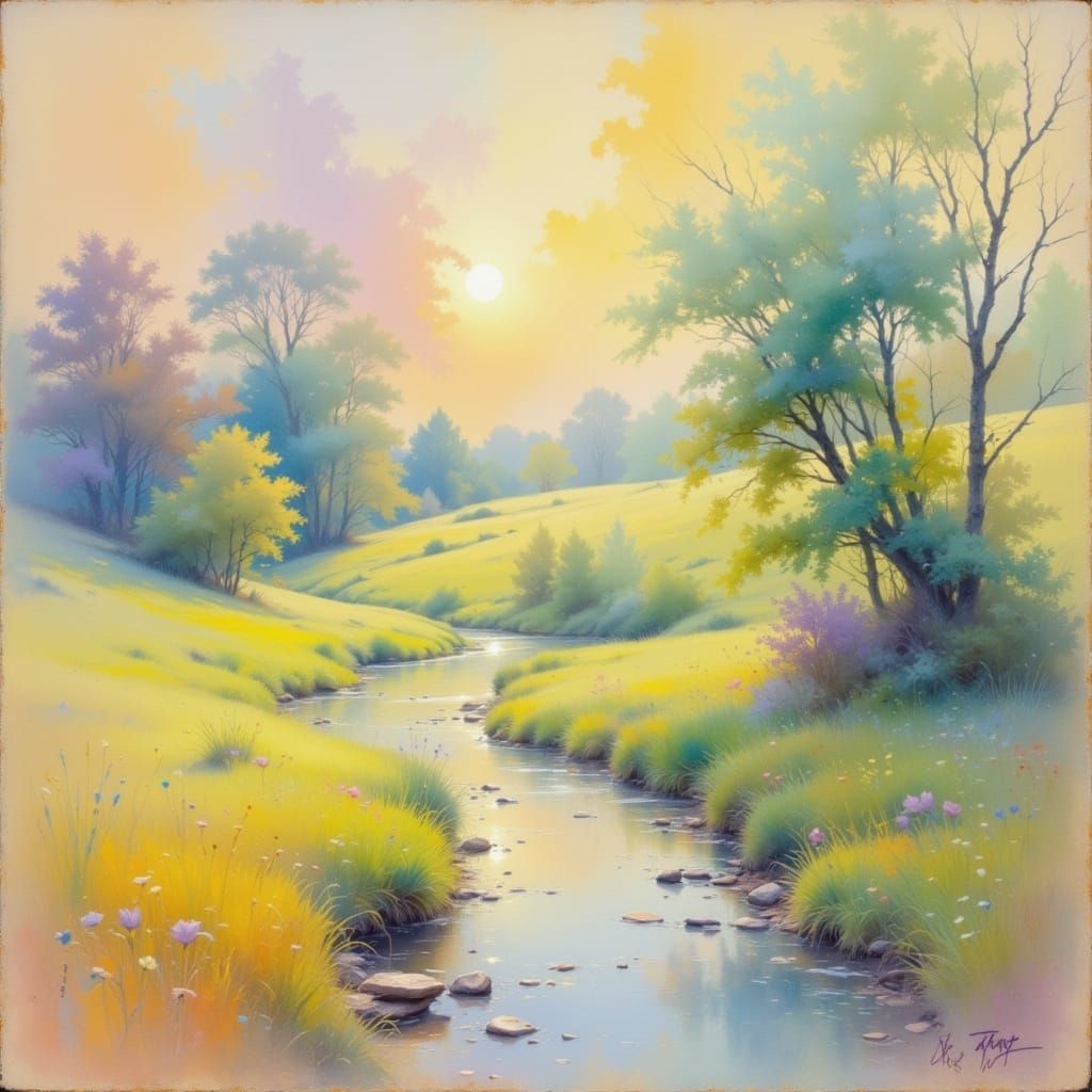 Impressionist Oil Painting of Rolling Hills and Verdant Tree...