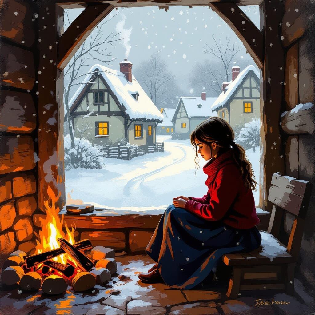 Girl by Firelight in Rustic Tavern with Snowfall
