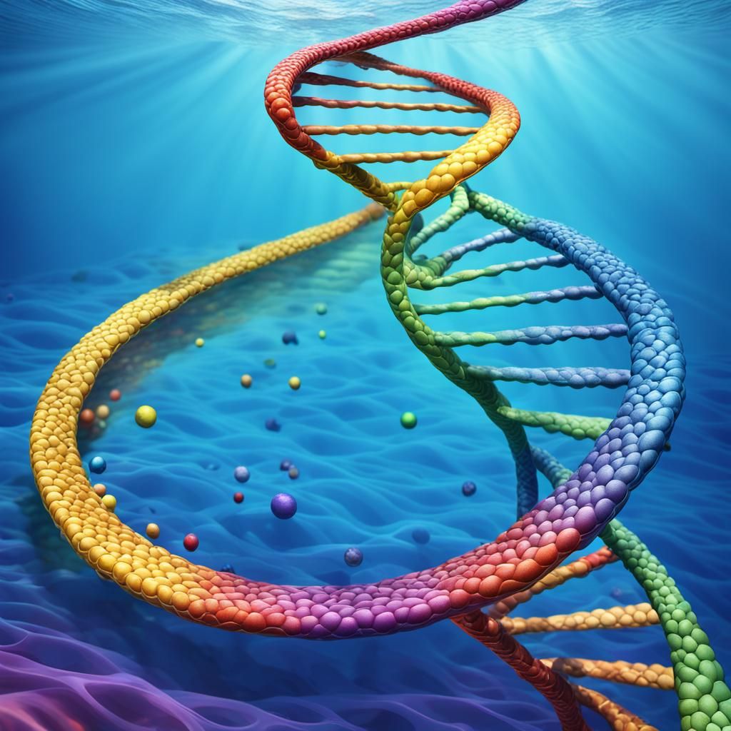 Rainbow DNA Helix in Water, 3D Render