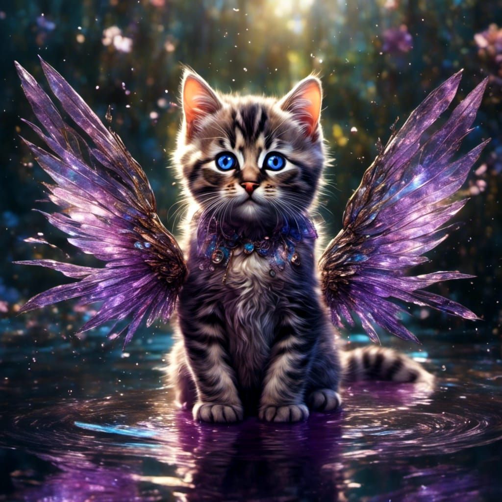 Tabby Cat with Fairy Wings Reflected in Pond