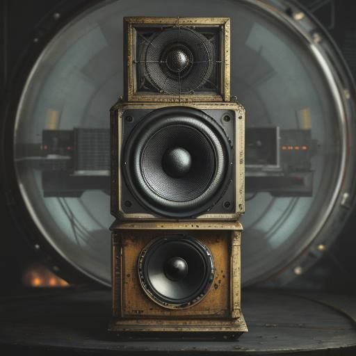 Caterpillar on Speaker in Retrofuturistic Mixed Media