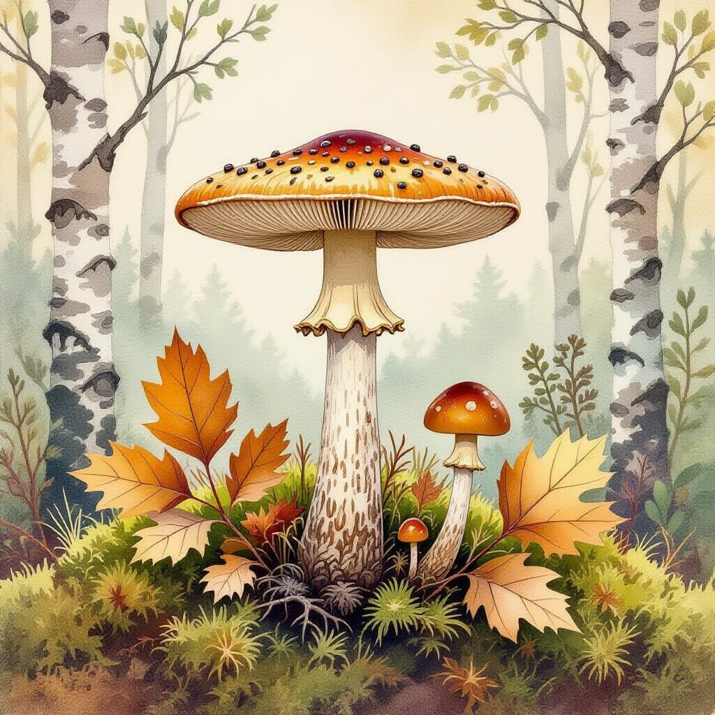 Watercolor Birch Bolete Mushroom in Botanical Style
