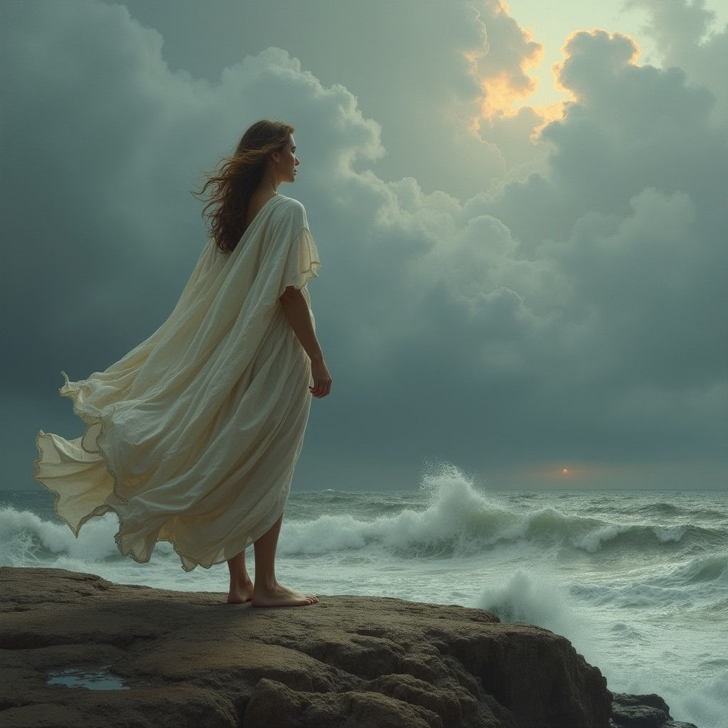 Woman on Cliffside Embracing Hopeful Horizon