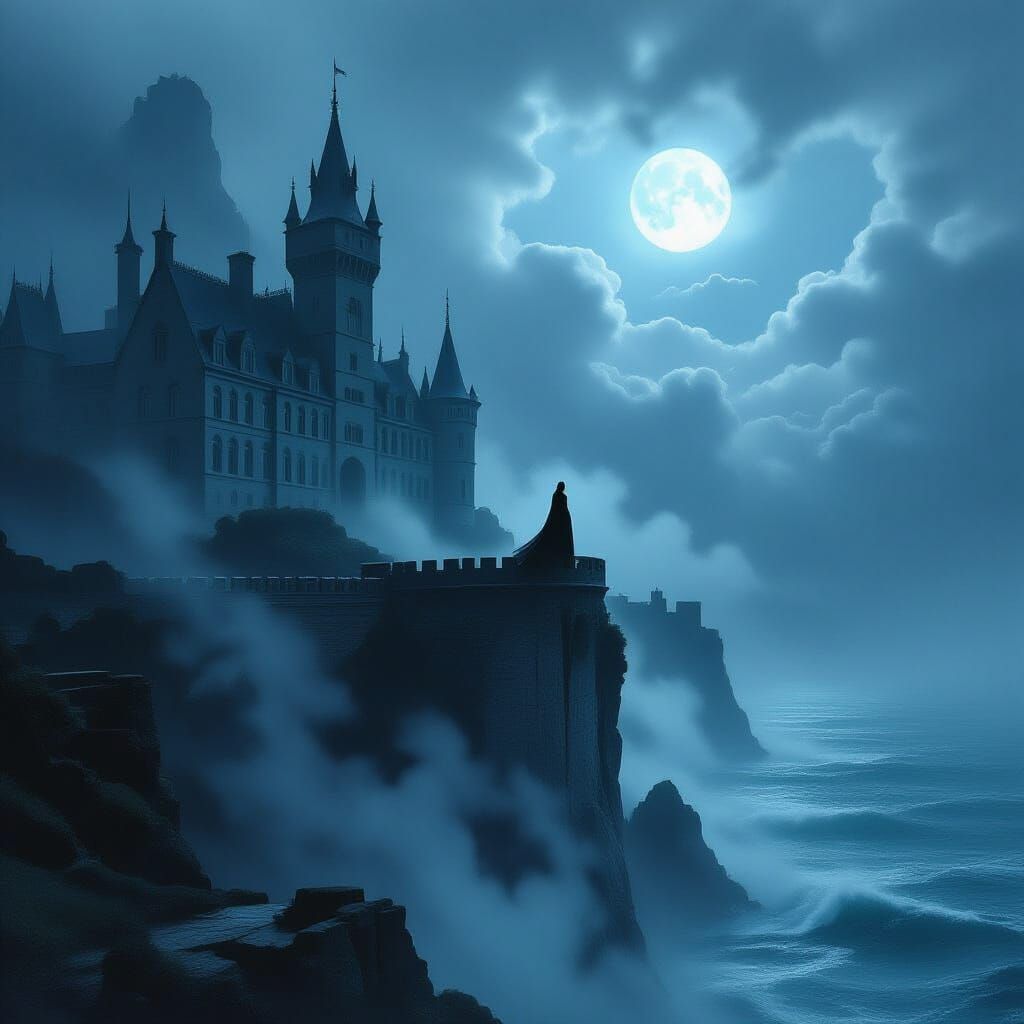 Gothic Chateau on Cliff Overlooking Stormy Sea