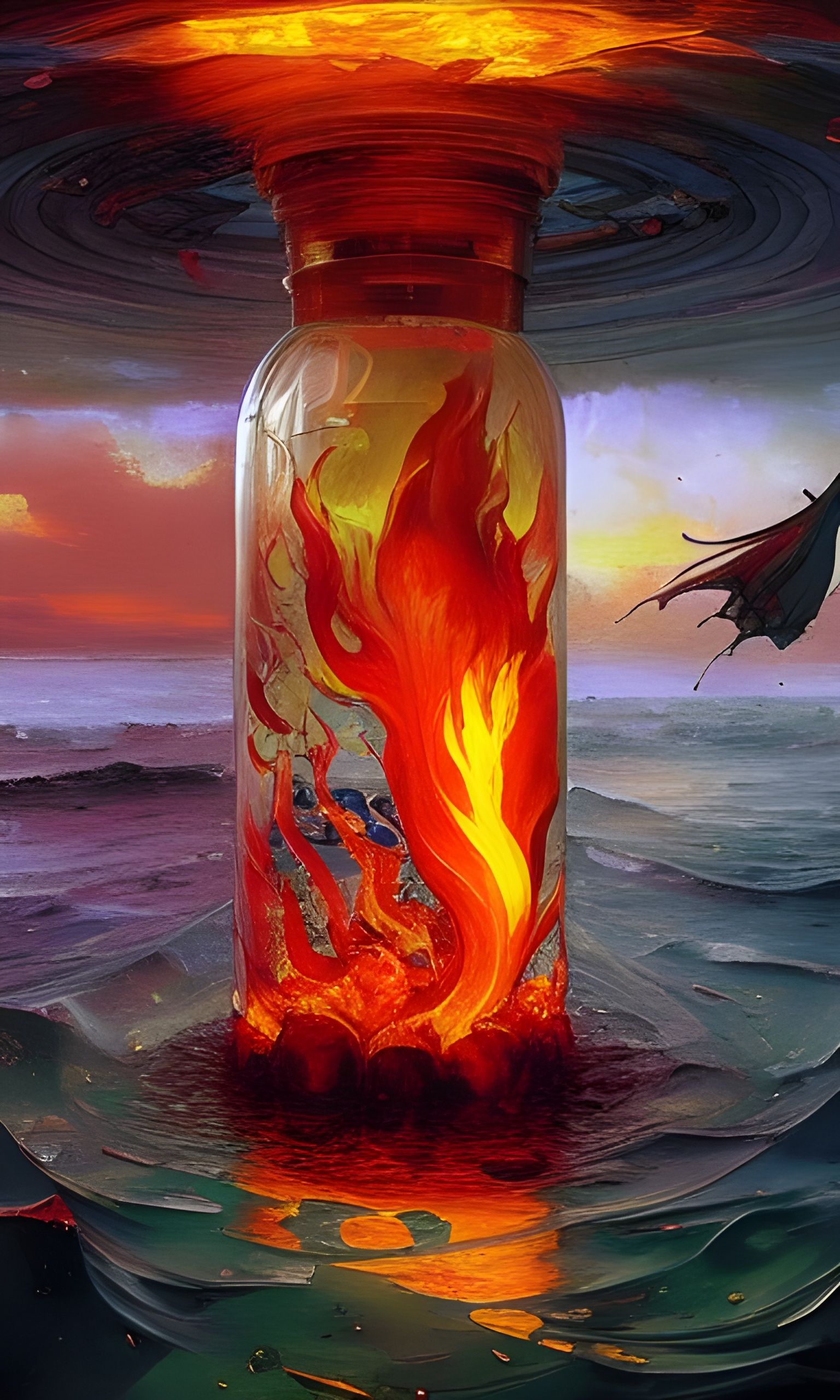 Flame in a Bottle Undersea: Oil Painting