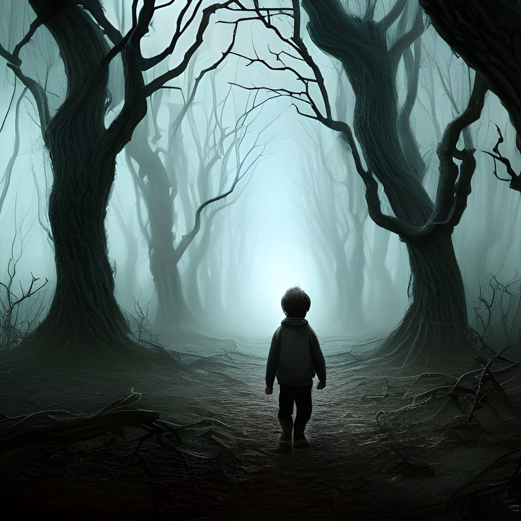 Scared Boy in Sinister Dark Fantasy Forest