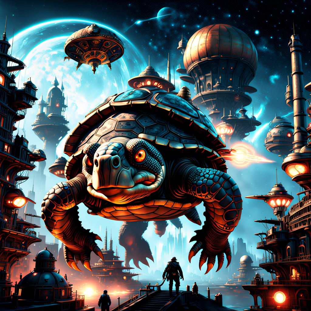 Steampunk City on Giant Turtle Traveling Through Space