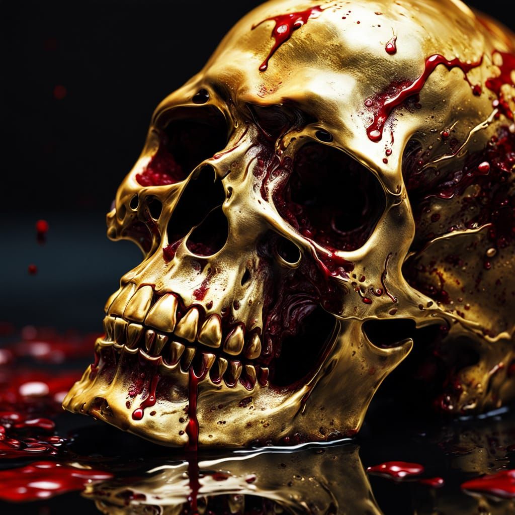 Golden Skull Drowning in Blood: Hyperrealistic Macro Shot
