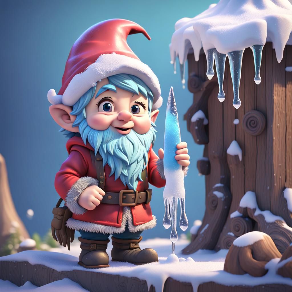 Cheerful Gnome with Icicles in Snowy 3D Art
