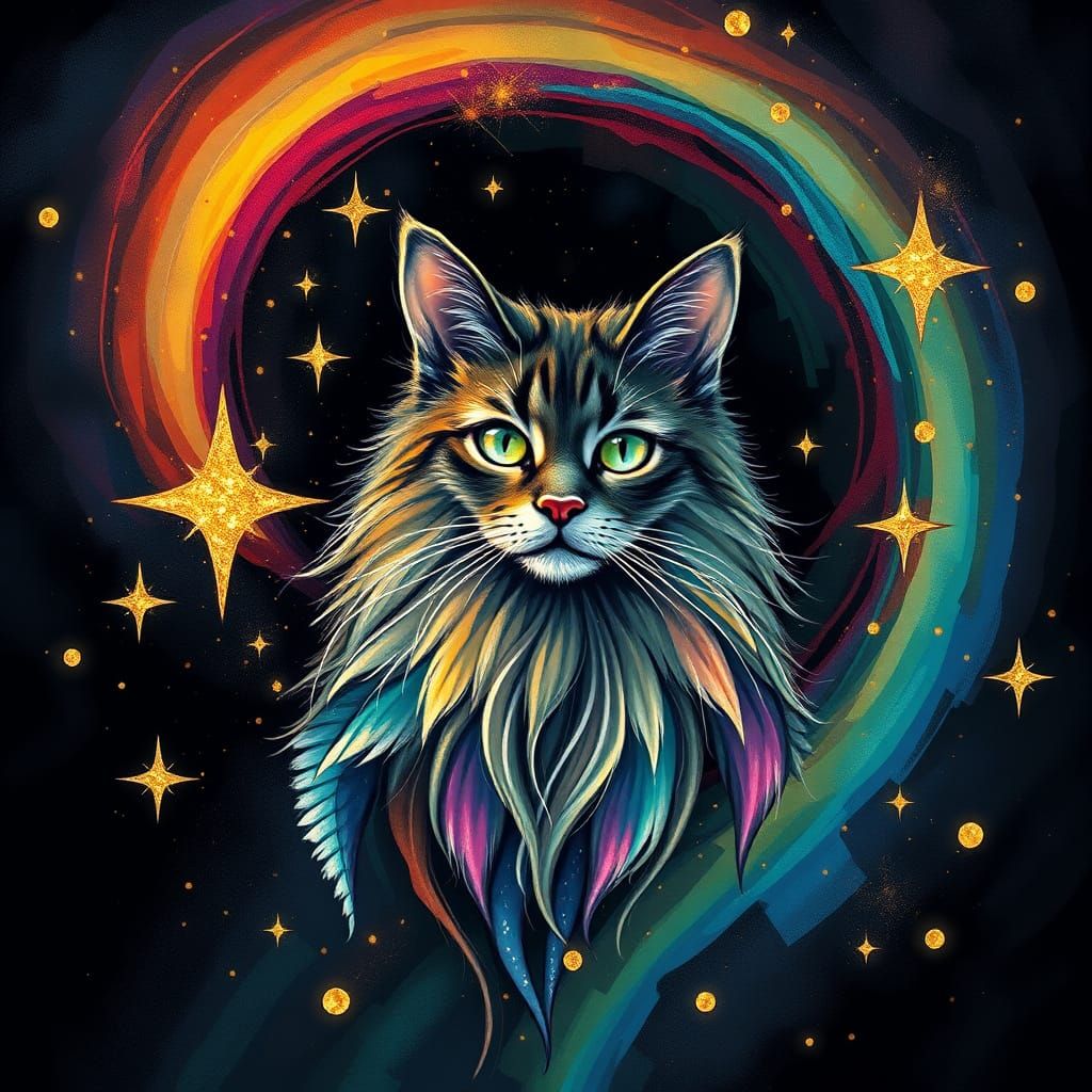 Majestic Druid Cat in Abstract Rainbow Landscape