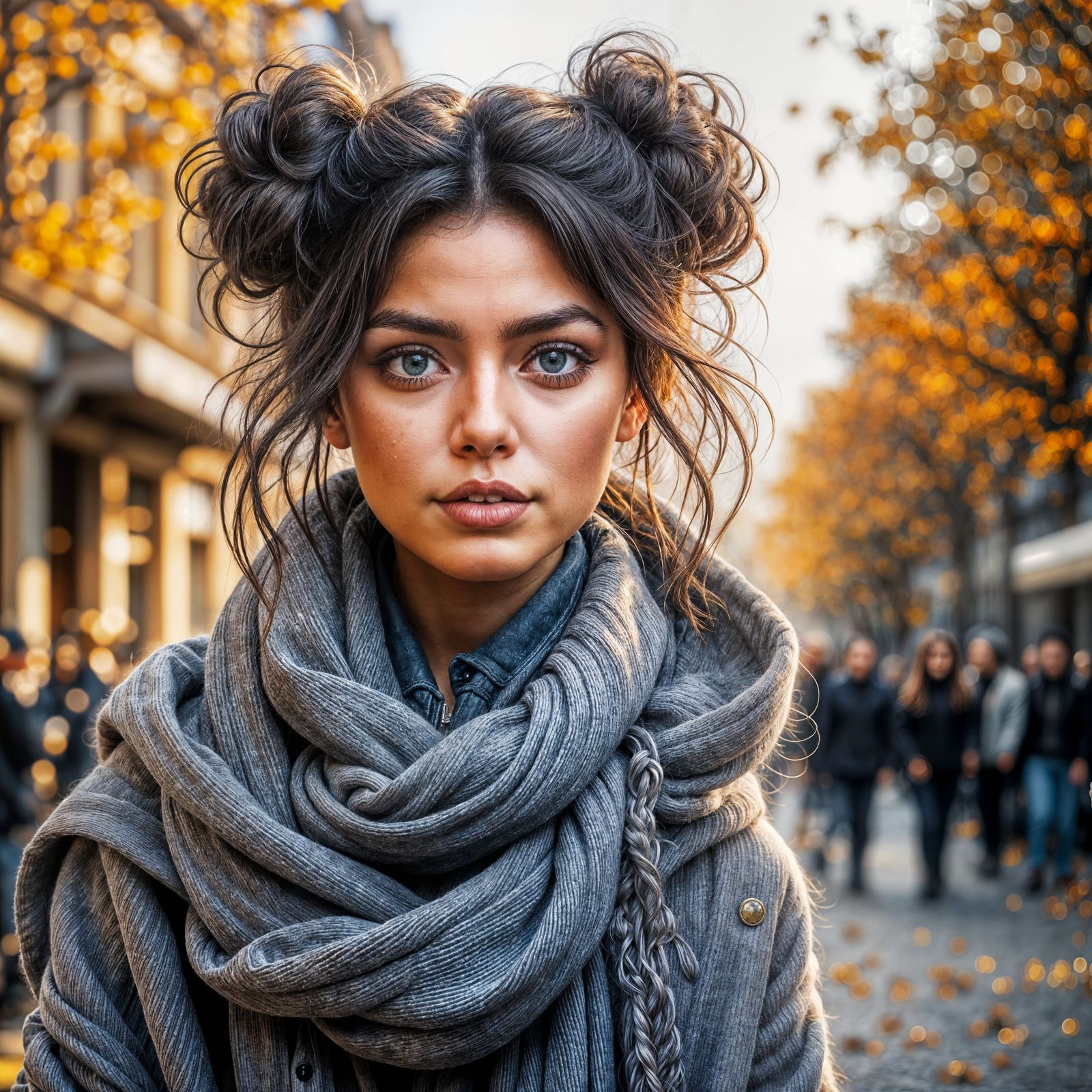 Brunette Posing in Autumn Cityscape, Vintage Photo Style