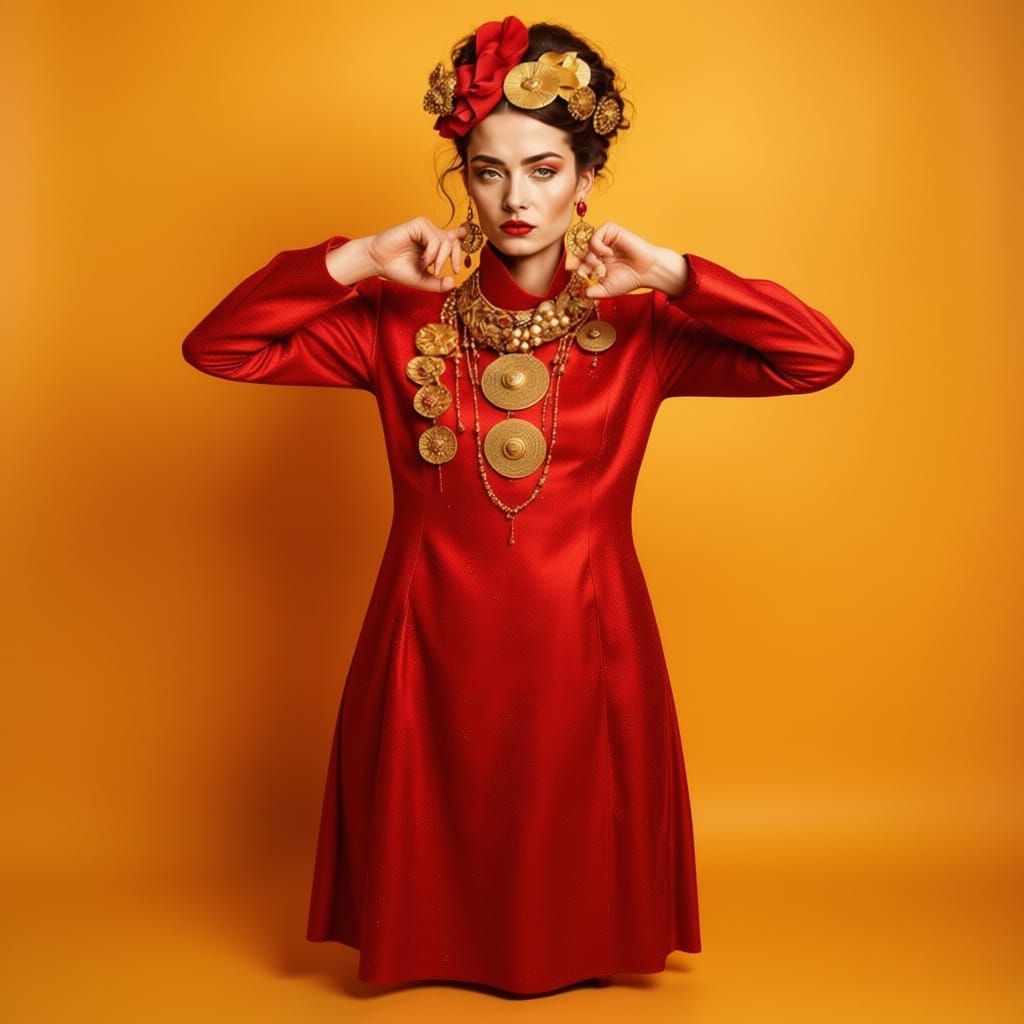 Glamorous Woman in Red: Klimt-Inspired Fashion Portrait