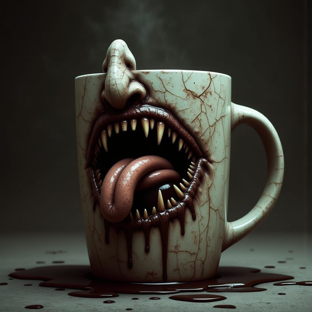 Surreal Ceramic Mug with Grotesque, Biomechanical Horror Des...