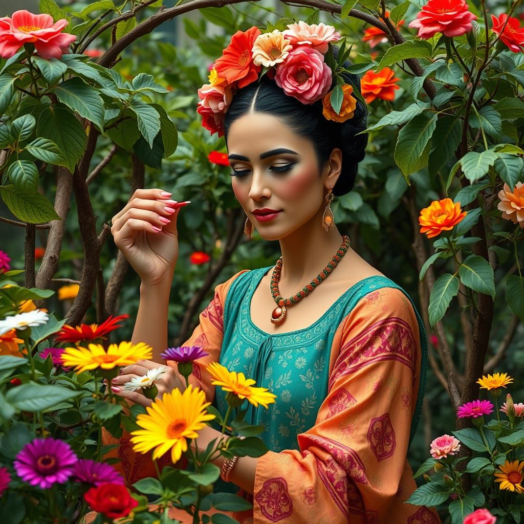 Woman Builds Garden with Surrealist Elements