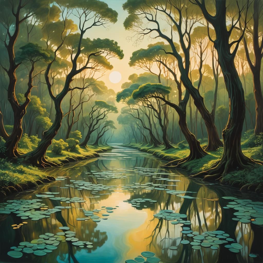 Glowing River in Mystical Surrealist Landscape
