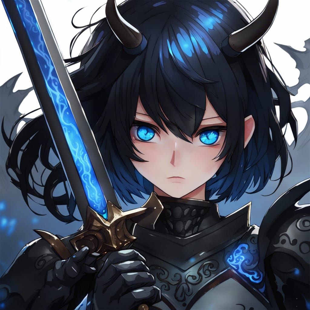 Anime Girl with Demon Horns and Blue Sword