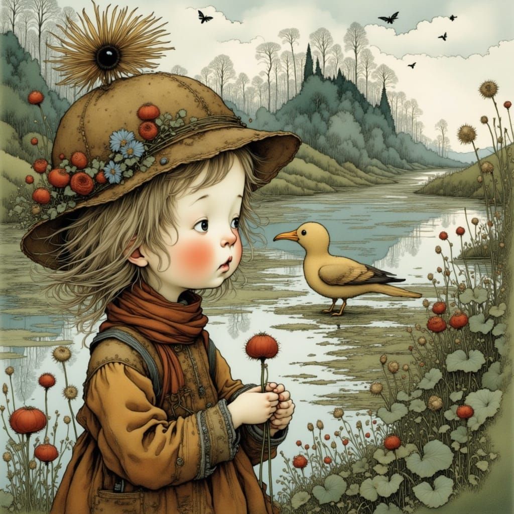 Whimsical Girl in a Dreamlike Landscape