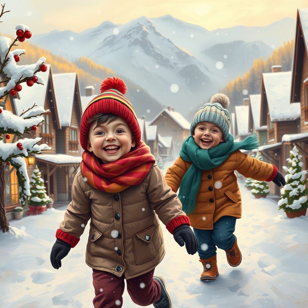 Joyful Children Play in Snowy Village during Golden Hour