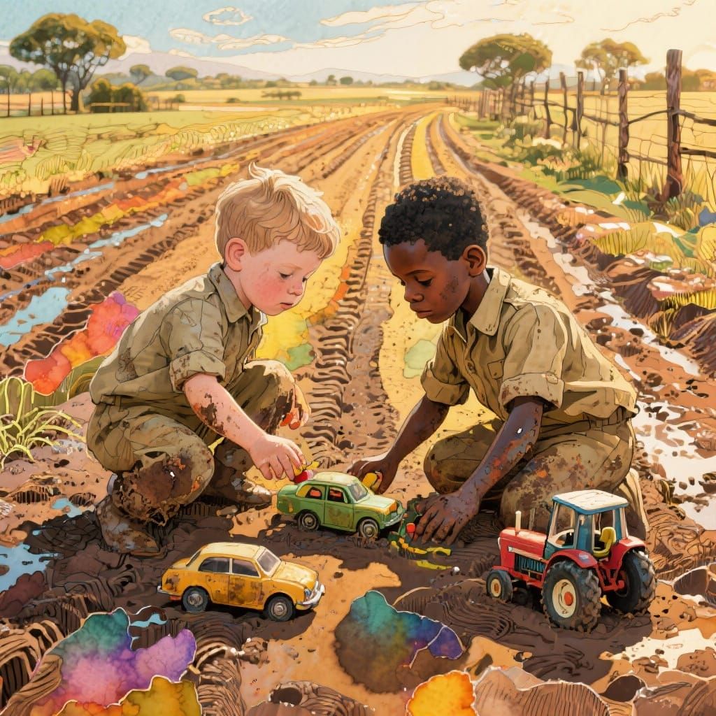 Boys Playing with Toy Cars on South African Farm, 1950s