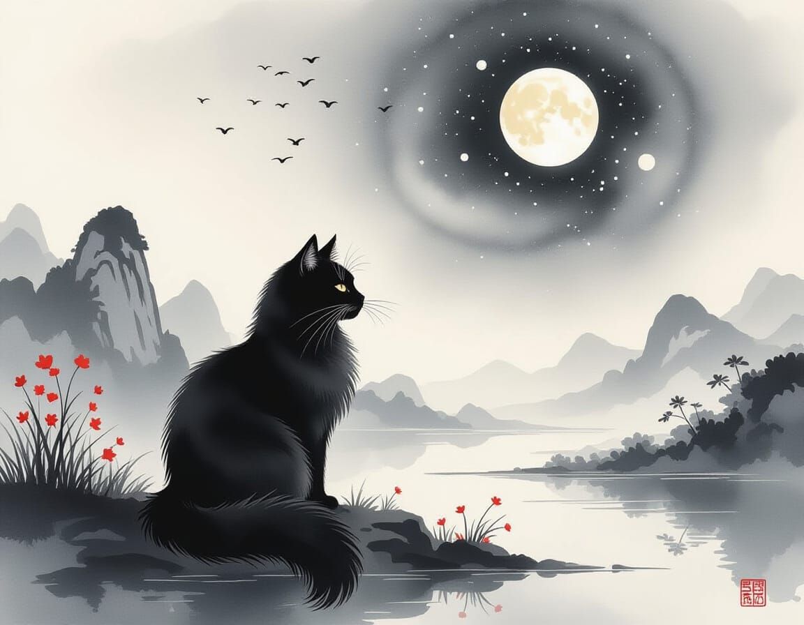 Chinese Watercolor Black Cat with Ink Celestial Patterns
