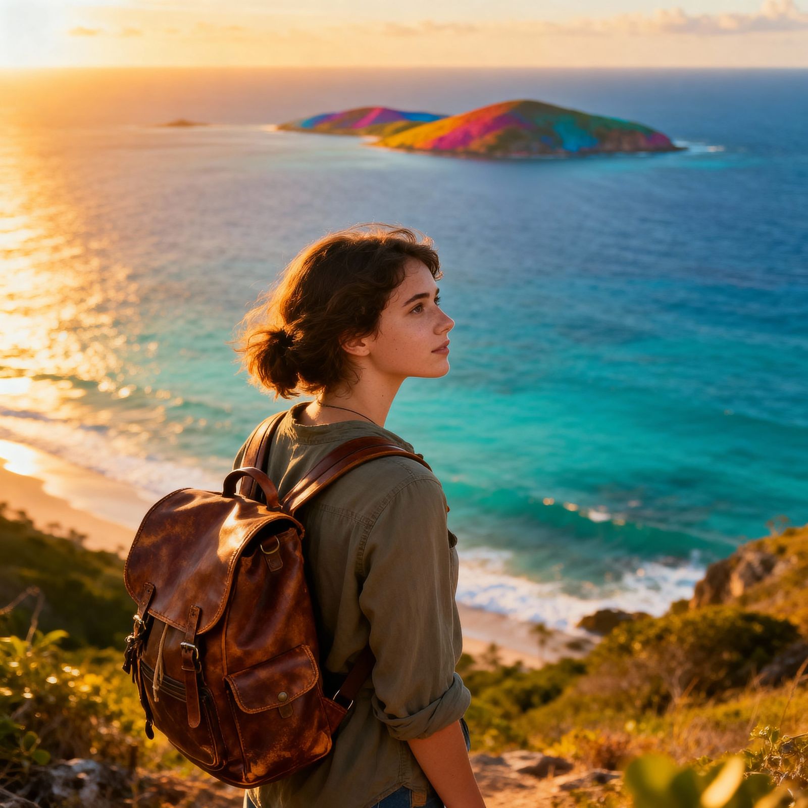 Woman Gazing at Vibrant Ocean Islands at Golden Hour