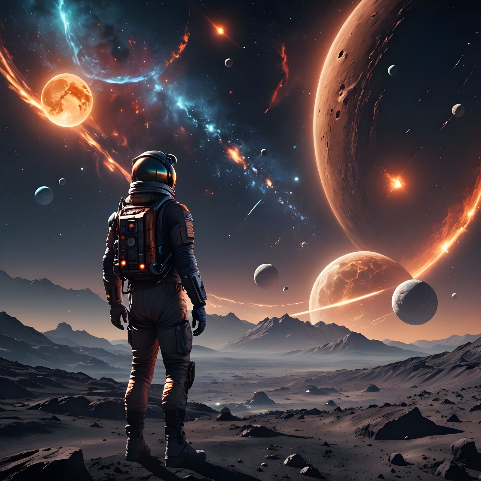 Man on Moon Gazes at Futuristic Starry Sky